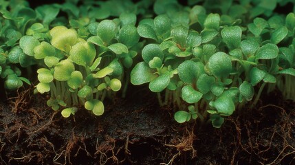 In a garden, small seedlings sprout from the rich soil under soft sunlight. Their vibrant green leaves and varied sizes indicate healthy growth and nurturing conditions.
