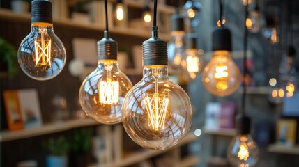 Hanging vintage light bulbs in cozy cafe interior with warm atmosphere and creative decorative lighting idea