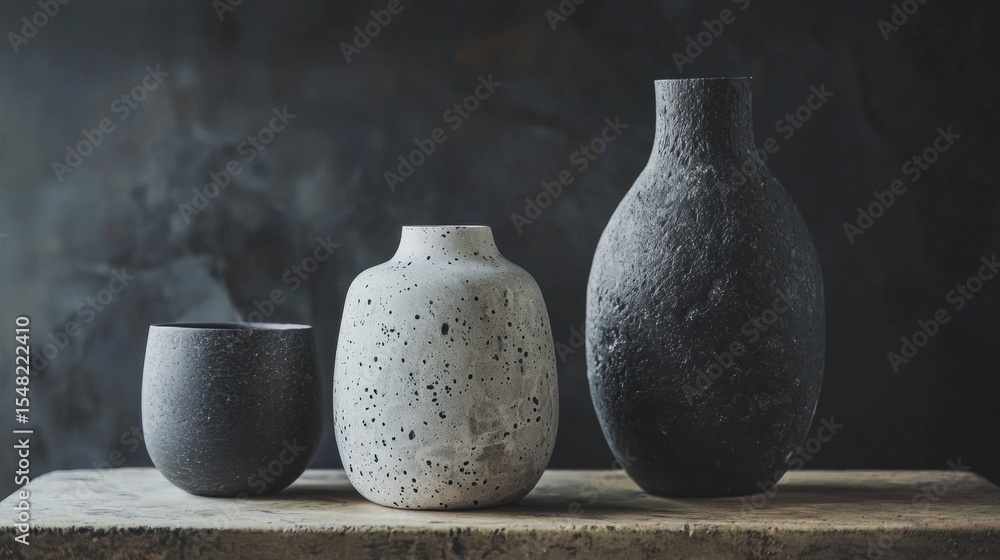 Aufkleber minimal ceramic vases in different shapes and neutral tones on rustic surface for modern art display