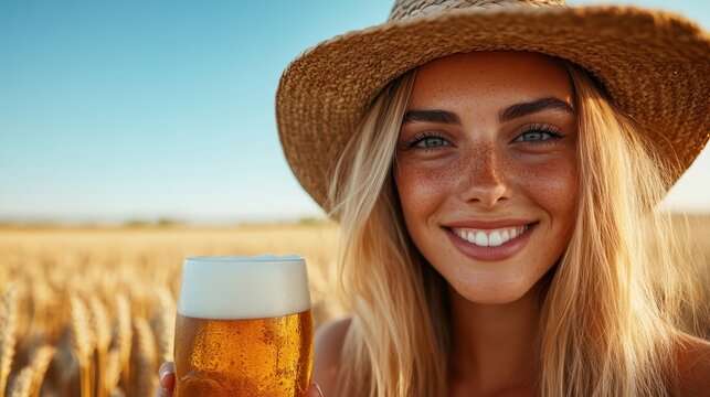 A joyful woman in a straw hat smiling with a frosty beer glass in hand, set against a picturesque wheat field, evoking feelings of warmth, relaxation, and carefree happiness.