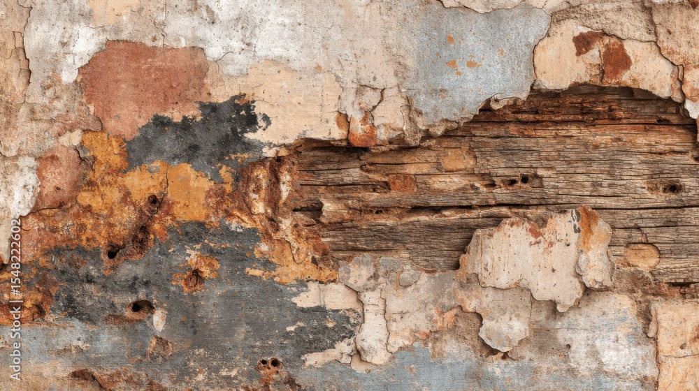 Poster close-up view of a building wall where layers of peeling paint and weathered wood merge, showcasing 