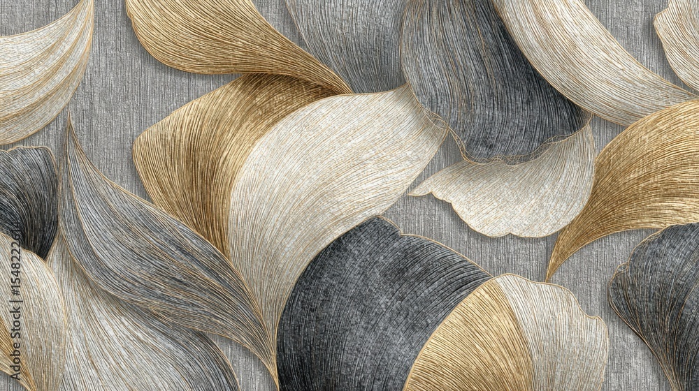 Poster soft and flowing lines create a sophisticated abstract pattern with shades of gold, gray, and cream.