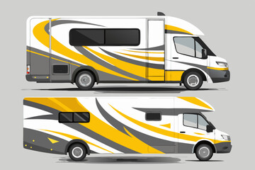 Two camper van designs with yellow and gray abstract graphics