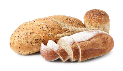 Freshly baked loaves of bread and spikes isolated on white