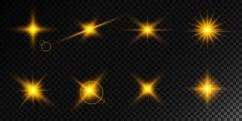 Lens Flare, light glow effect. sun or realistic shining star with backlight effect. bokeh glitter and sparkles or sparkles on transparent background.