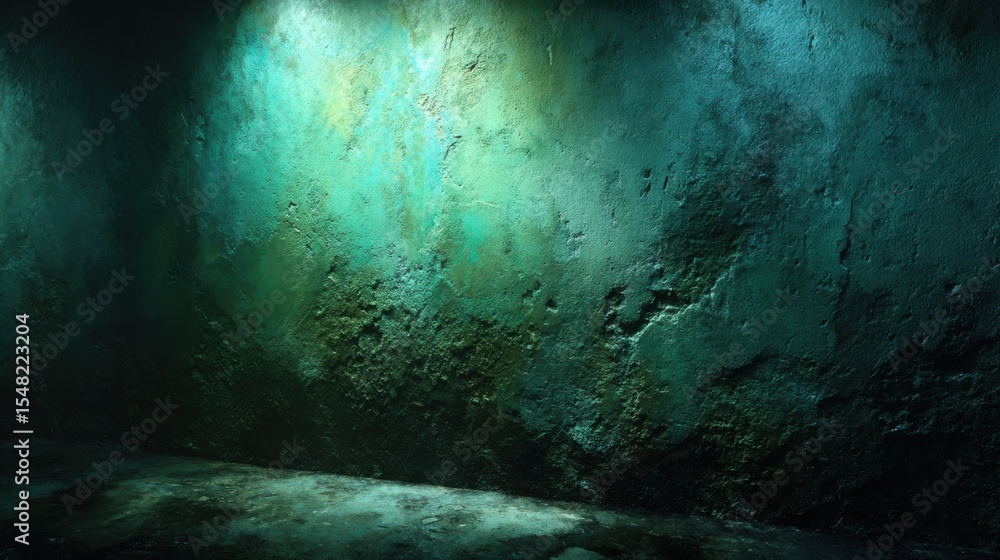 Poster a textured green wall is illuminated by soft, dim lights, creating a mysterious ambiance in a hidden
