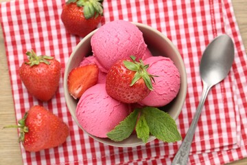 Refreshing sorbet, strawberries and mint on wooden table, top view