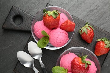 Refreshing sorbet, strawberries and mint on grey textured table, top view