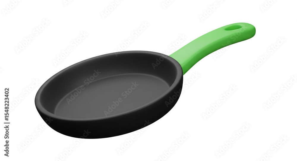 Poster a simple rendering of a black frying pan with a green handle isolated on a white background view fro