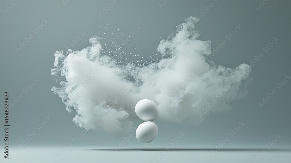 Poster abstract floating clouds with eggs in minimal surreal sky scene with dreamlike atmospheric visual co
