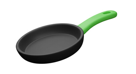 A simple rendering of a black frying pan with a green handle isolated on a white background view from above