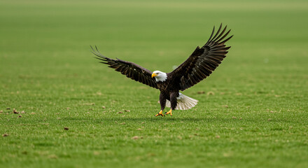 Bald eagle with wings spread landing in a field of green grass on a cloudy day in the great outdoors