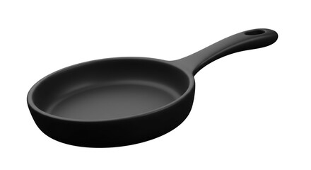 A close up studio shot of a black frying pan with a handle on a white background with soft shadows