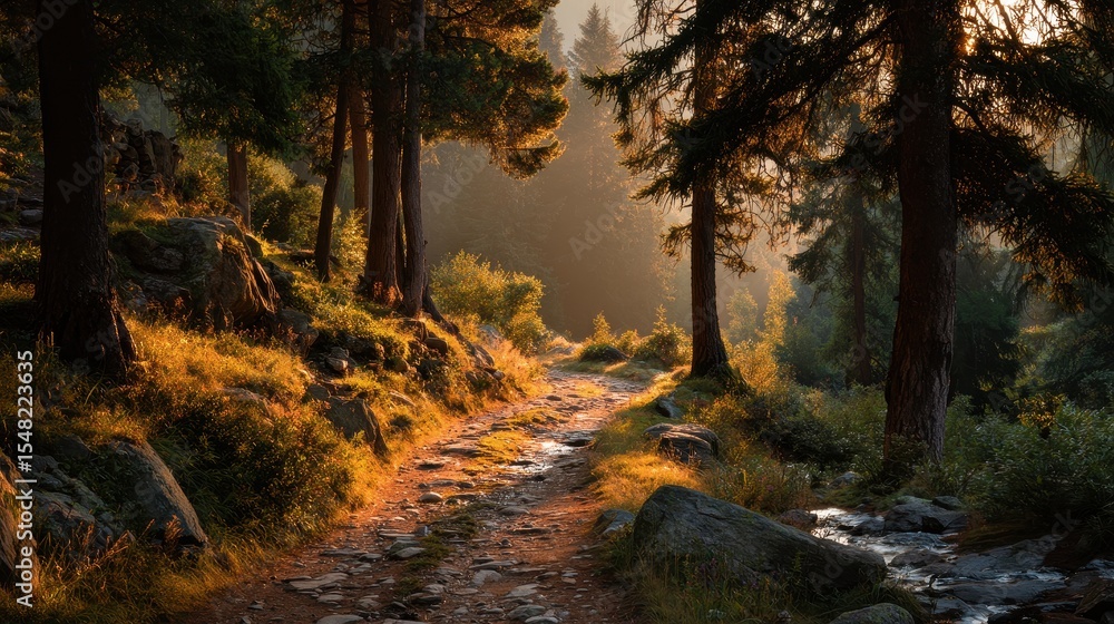 Poster Sun sets along stone path in forest with tall trees and green grass at golden hour in summertime in Northern Europe