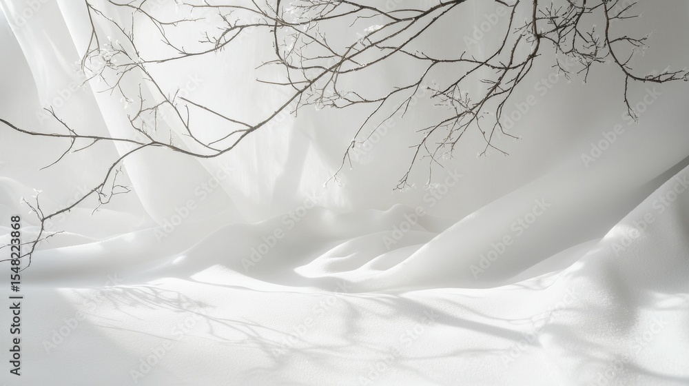 Poster flowing white fabric with bare tree branches casting shadow on calm clean minimalist surreal dreamli