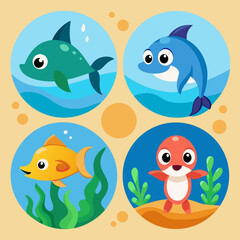Four Cute Cartoon Sea Animals in Circles