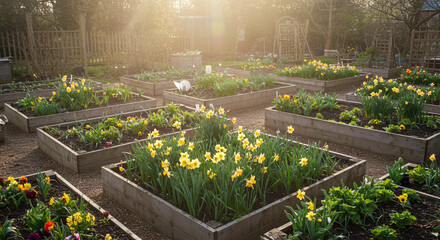 A garden with raised beds filled with flowers and plants under the bright sunlight in the early morning