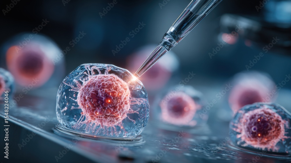 Poster a researcher uses a pipette to manipulate a glowing cell in a laboratory setting. this setting empha