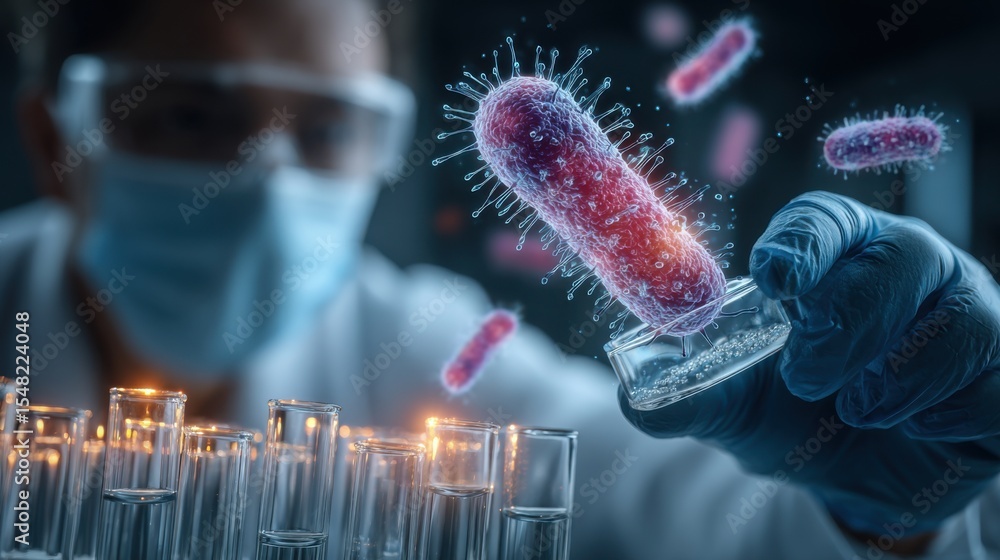 Poster a scientist in a lab is carefully analyzing bacteria using a petri dish and test tubes while wearing