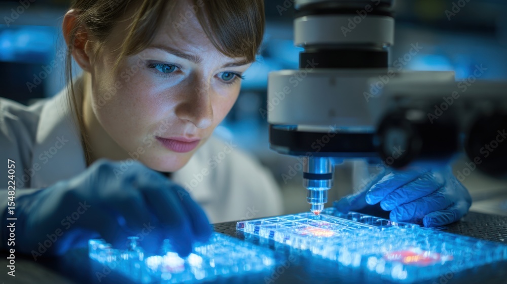 Poster a researcher analyzes samples using a microscope in a laboratory filled with blue lighting. the envi