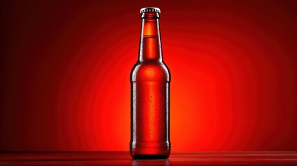 A clear glass bottle filled with a rich amber beverage is centered against a striking red backdrop, highlighting the condensation on the surface, evoking a refreshing feel.