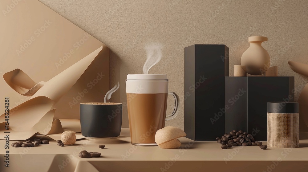 Poster coffee mug and packaging items on beige table with soft light in branding minimal scene for product 