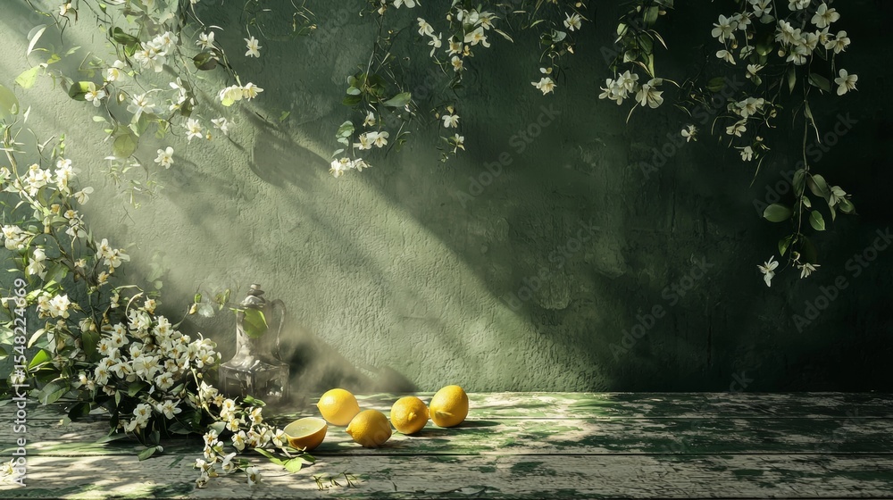 Poster sunlight filtering through trees onto forest floor with lemons creating peaceful natural scene of fr