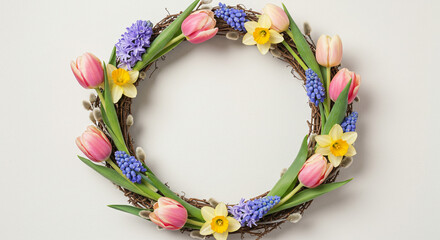 A floral wreath with pink tulips, yellow daffodils, and blue hyacinths on a white background surface