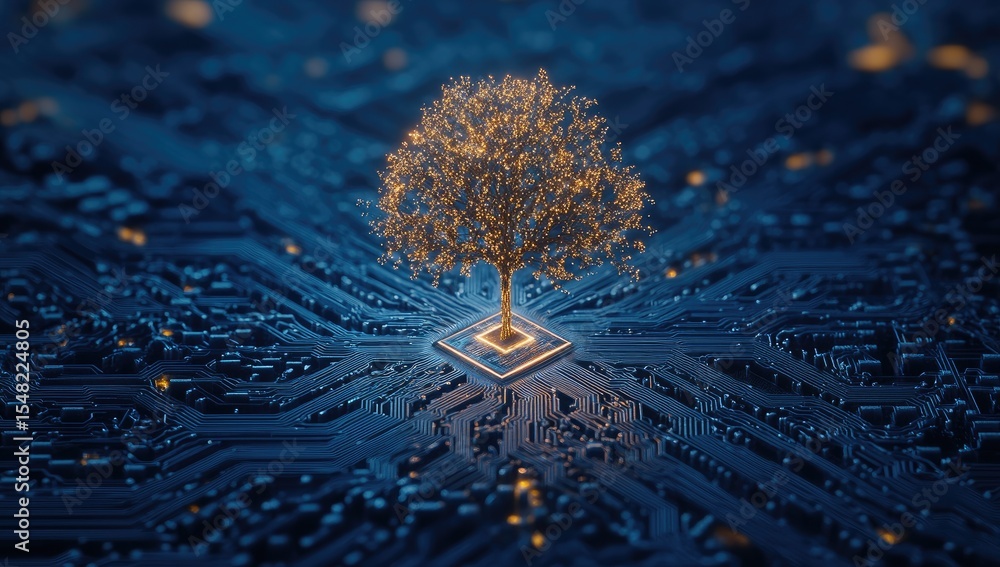 Poster golden tree growing from a microchip in a circuit board