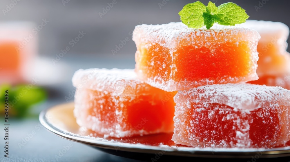 Poster a close-up of colorful turkish delight cubes dusted with powdered sugar, creating a tantalizing visu