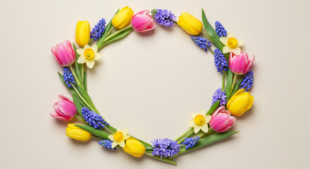 A floral wreath of yellow tulips pink tulips daffodils and blue hyacinths on a beige background view from above