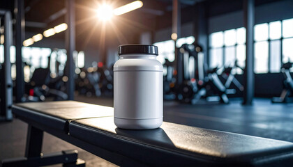 Protein Powder Jar on Gym Bench in Fitness Center – Sports Nutrition and Workout Concept

