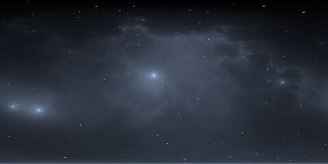 360 degree space nebula. Giant interstellar cloud with stars, equirectangular projection, environment map. Spherical panorama. 3D rendering, fractal image