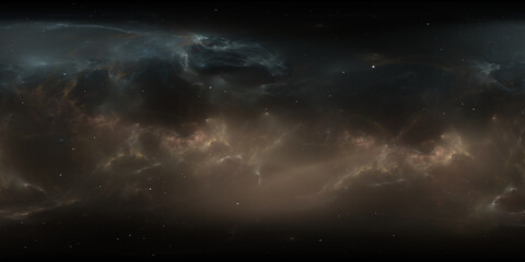 360 degree space nebula. Giant interstellar cloud with stars, equirectangular projection, environment map. Spherical panorama. 3D rendering, fractal image