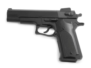 One black gun on white background, above view. Police equipment