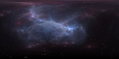 360 degree space nebula. Giant interstellar cloud with stars, equirectangular projection, environment map. Spherical panorama. 3D rendering, fractal image