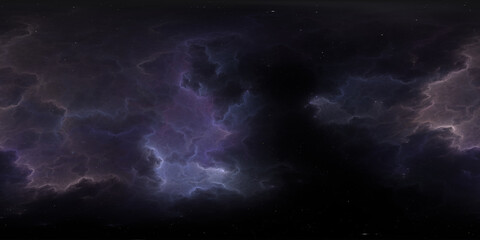 360 degree space nebula. Giant interstellar cloud with stars, equirectangular projection, environment map. Spherical panorama. 3D rendering, fractal image