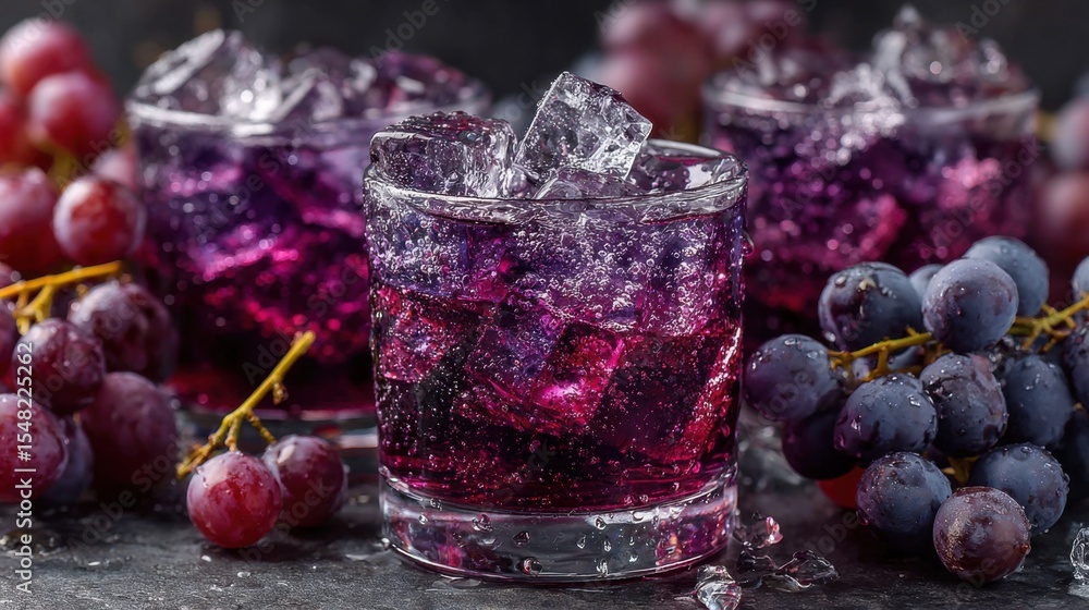 Poster three glasses filled with sparkling grape drinks and ice sit on a dark stone surface, accompanied by