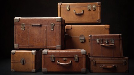 Vintage brown leather suitcases stacked on each other in travel concept with retro nostalgic atmosphere