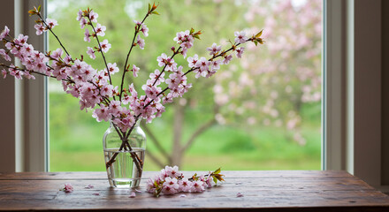 Cherry blossoms in a vase on a wooden table in front of a window with a green background view outside