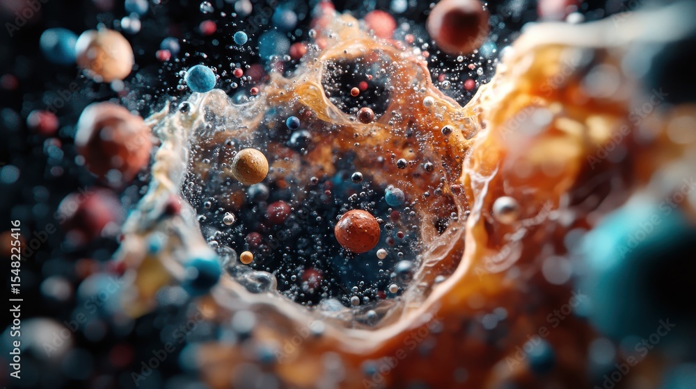 Poster a mesmerizing abstract image showcasing vibrant colorful particles and bubbles floating in a cosmic 