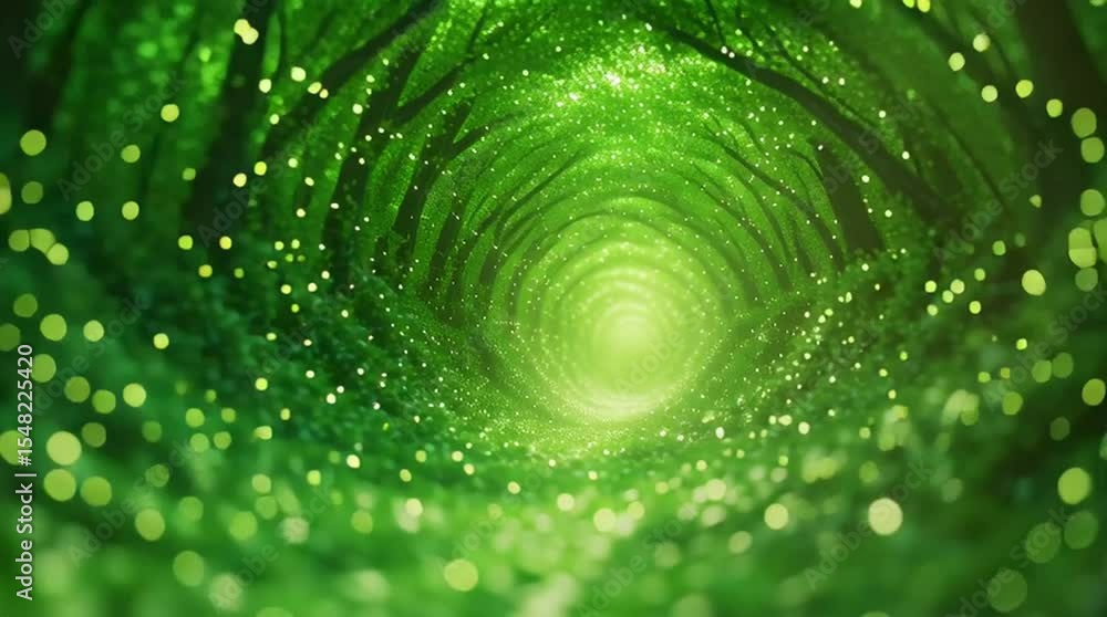 Poster Green forest tunnel with glowing light and magical bokeh effect creating enchanting atmosphere full of vibrant energy and mysterious nature tree