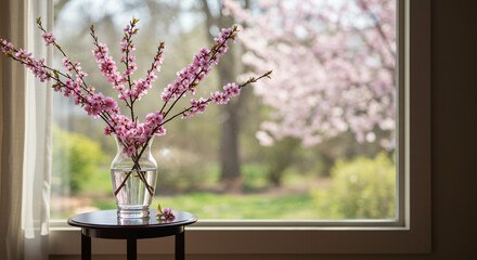 Pink blossoms in a clear vase on a small table near a window with a view of blooming trees outside