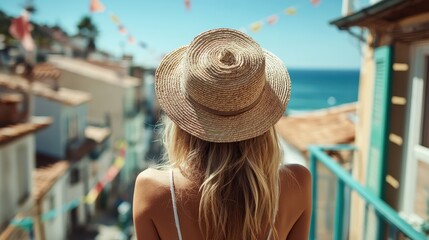 A woman with long, flowing hair wearing a straw hat looks towards the ocean, capturing a tranquil moment with a beautiful seaside view adorned with festive decorations.
