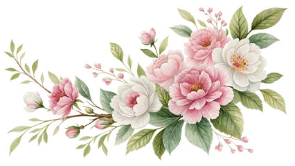 Pink and White Watercolor Floral Bouquet, Isolated on Transparent Background, Spring Blossom Illustration, Botanical Design, Floral arrangement, Watercolor painting, Peony