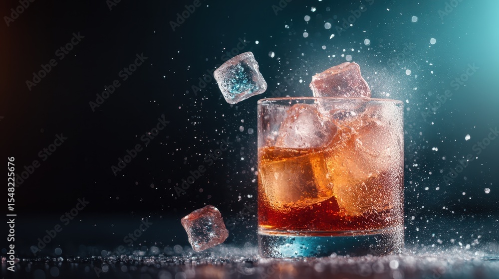 Poster a captivating image of a drink splashing with ice cubes, creating a refreshing visual effect that ca