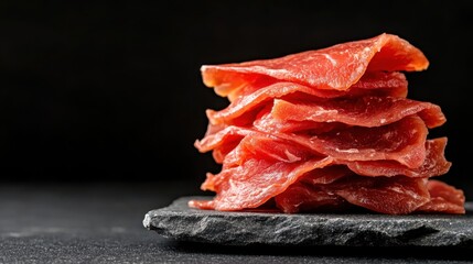 An artistic arrangement of thinly sliced meat stacked neatly on a slate plate, capturing the texture and freshness suitable for culinary presentations.