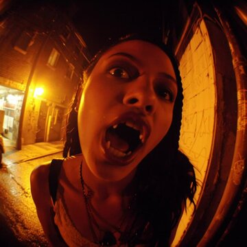 Woman revealing vampire fangs in a dark alley at night