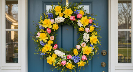 A vibrant floral wreath adorns a blue door, creating a welcoming and cheerful entrance to the home
