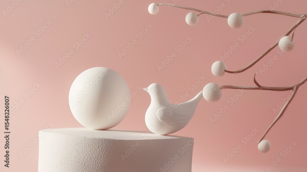 Poster minimal pastel arrangement with sphere bird and branch on soft pink background abstract composition